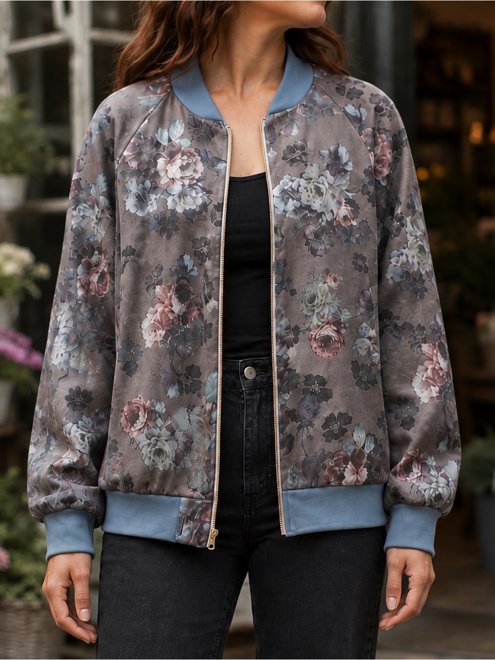 Moody Floral Faux Suede Bomber Jacket Size S/M
